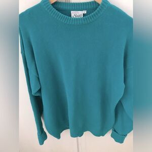 Smiths of Bermuda Vintage 100% Cotton Crew Teal Sweater Ribbed Cuffs/Waist Sz XL